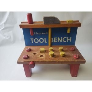 Playskool Vintage Tool Bench with Hammer Pegs brown red and blue, 9 Removable pi